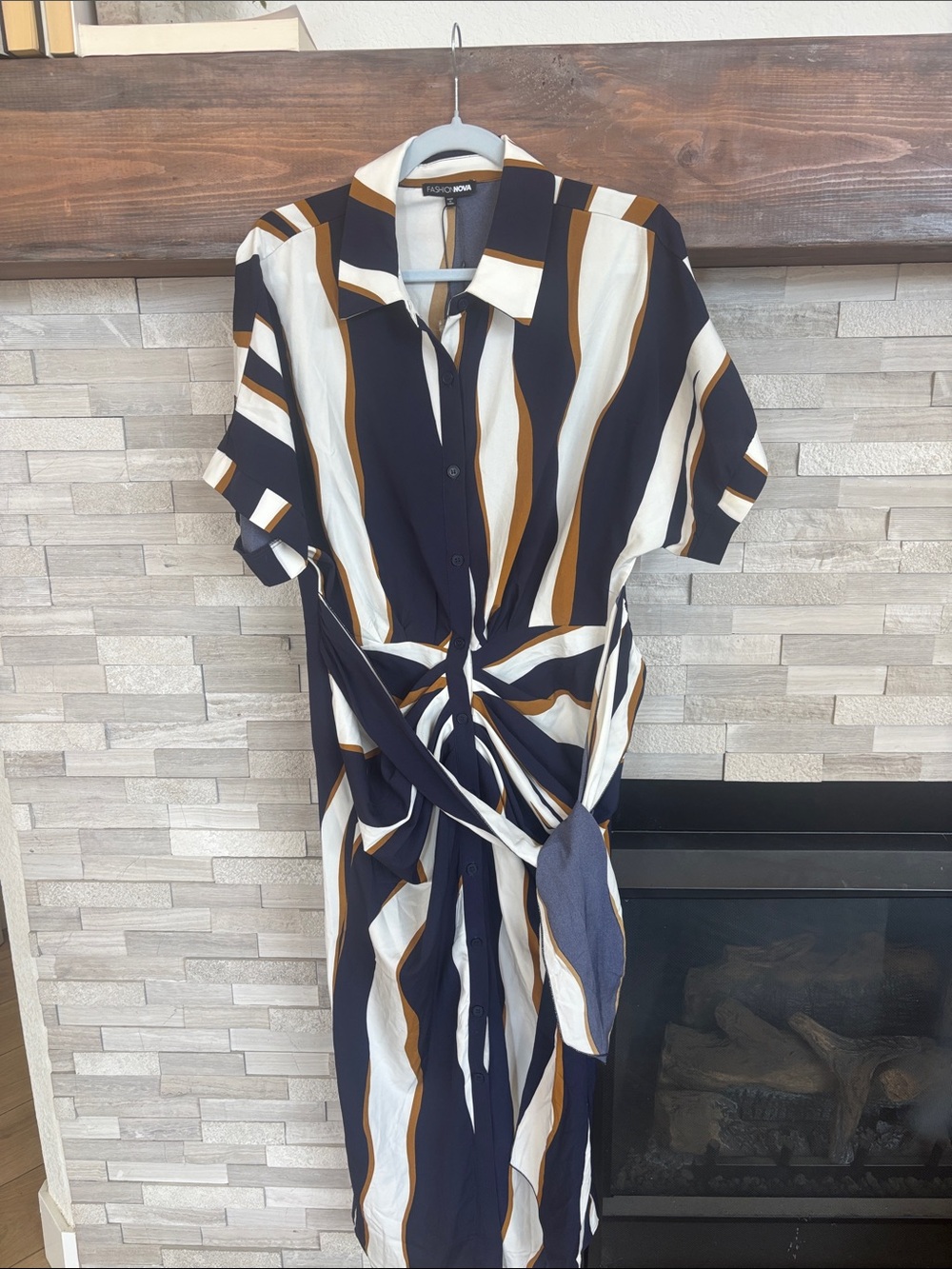 Fashion Nova Navy, White & Brown Striped Midi Dress with Front Knot